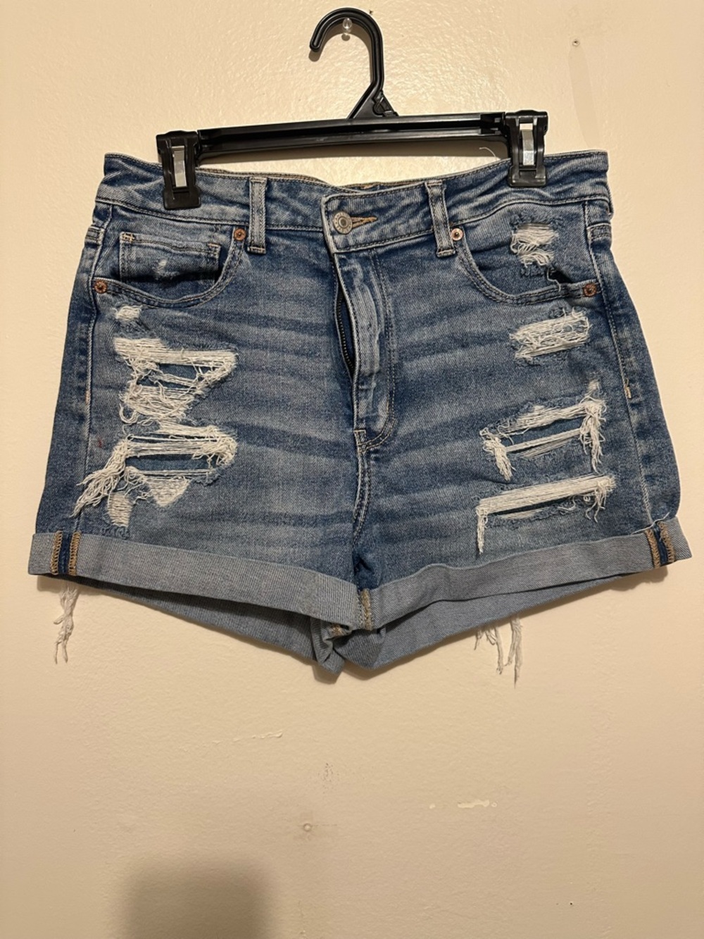 American Eagle Women's 10 Blue Distressed High Rise Cuffed Denim Shorts
